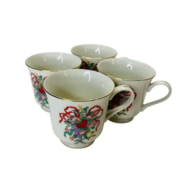 Elegant Vintage Fine China Tea Cup & Saucer Set of 4 Floral Ribbon Gold Trim